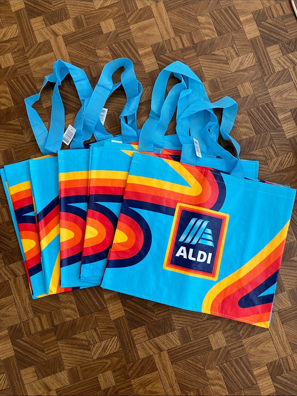 (5) ALDI large retro rainbow design large reusable shopping bags